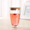 Double Wall Glass Tumbler With Wooden Lid- Borosilicate Glass 14oz.